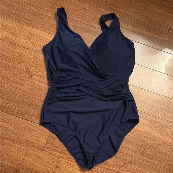 Lands' End Blue One-Piece Swimsuit with Wrap Front - size 14P - Picture 1 of 6